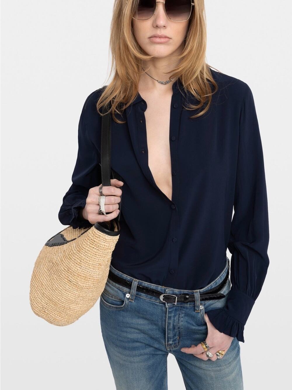 Zadig & Voltaire Thely Embroidered Wings Shirt Navy Blue M NWT